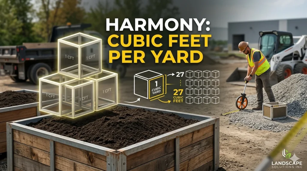 Inographic showing the conversion of 27 cubic fee to t 1 cubic yard