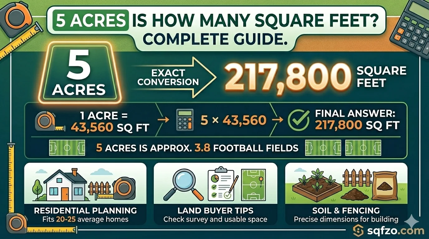 Unko graphic showing that 5 acres is how many square feet equal to