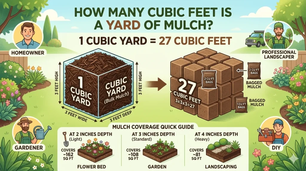 Infographic is showing that How Many Cubic Feet Is a Yard of Mulch?