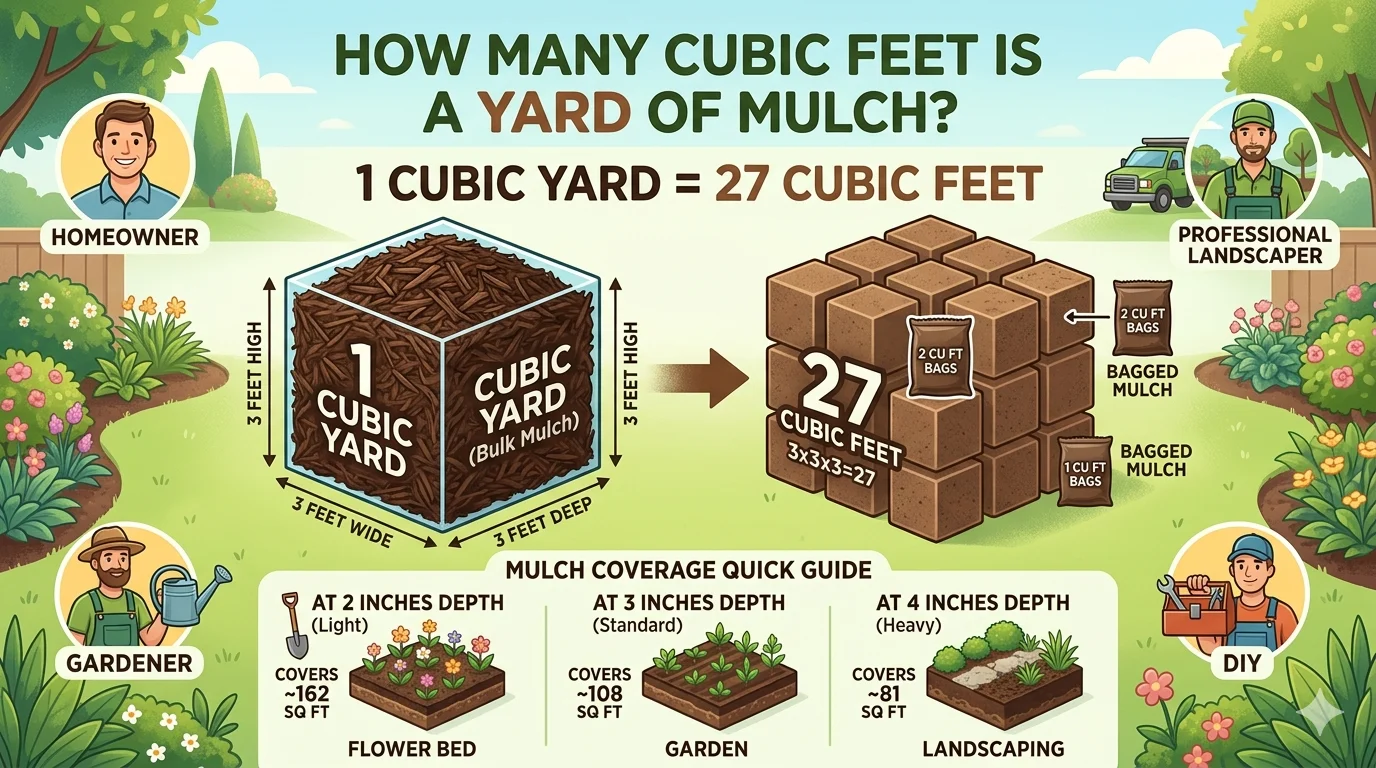 Infographic is showing that How Many Cubic Feet Is a Yard of Mulch?