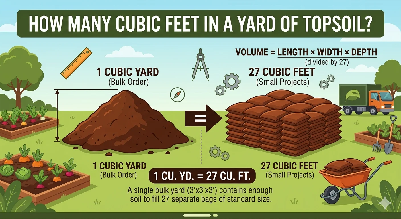 Infographic is showing that How Many Cubic Feet in a Yard of Topsoil? Complete Guide