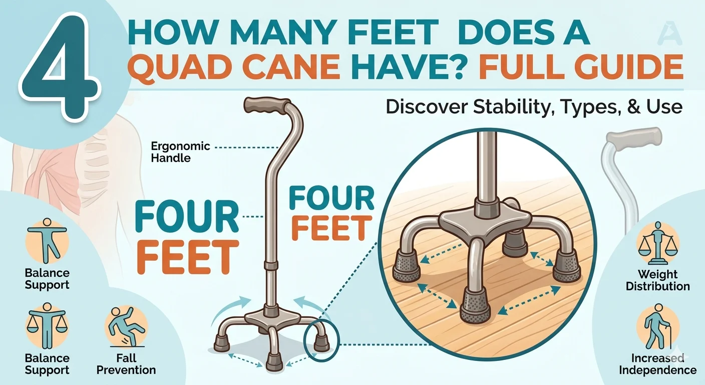 Infographic is showing that How Many Feet Does a Quad Cane Have? Full Guide