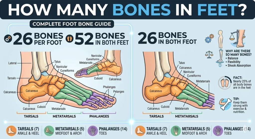 Infographic is showing that How Many Bones in Feet? Foot bones guide