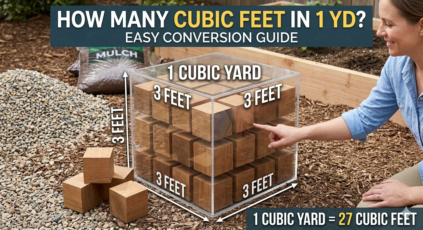 Inographic is showing that How Many Cubic Feet in 1 Yd? Easy Conversion Guide