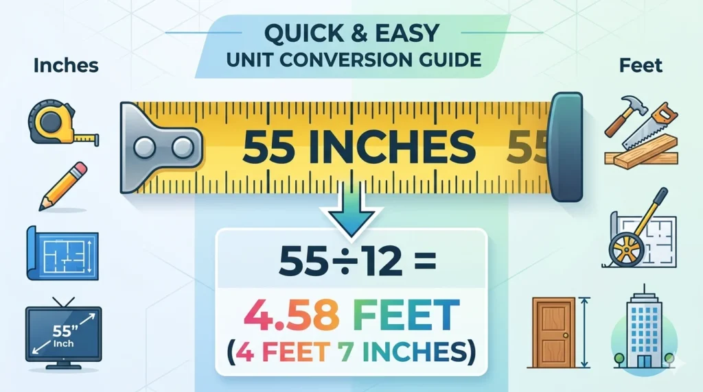infographic is showing that 55 Inches Is How Many Feet?