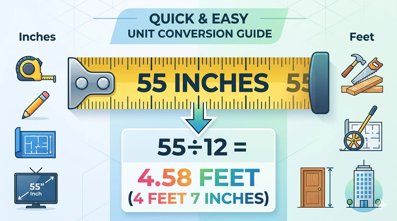 infographic is showing that 55 Inches Is How Many Feet?