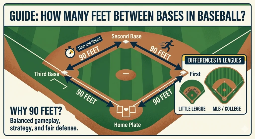 Infographic is showing tha How Many Feet Between Bases in Baseball? Complete Guide