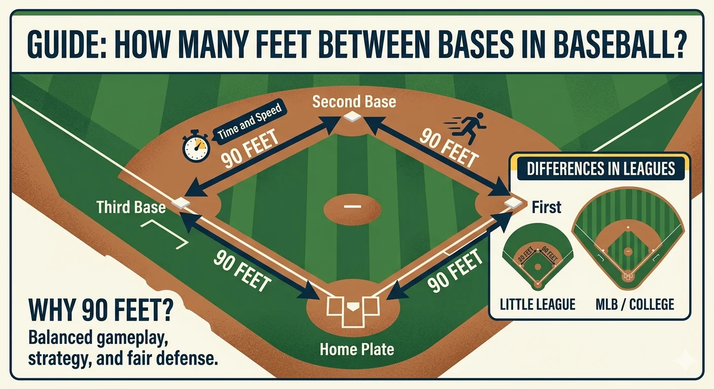 Infographic is showing tha How Many Feet Between Bases in Baseball? Complete Guide