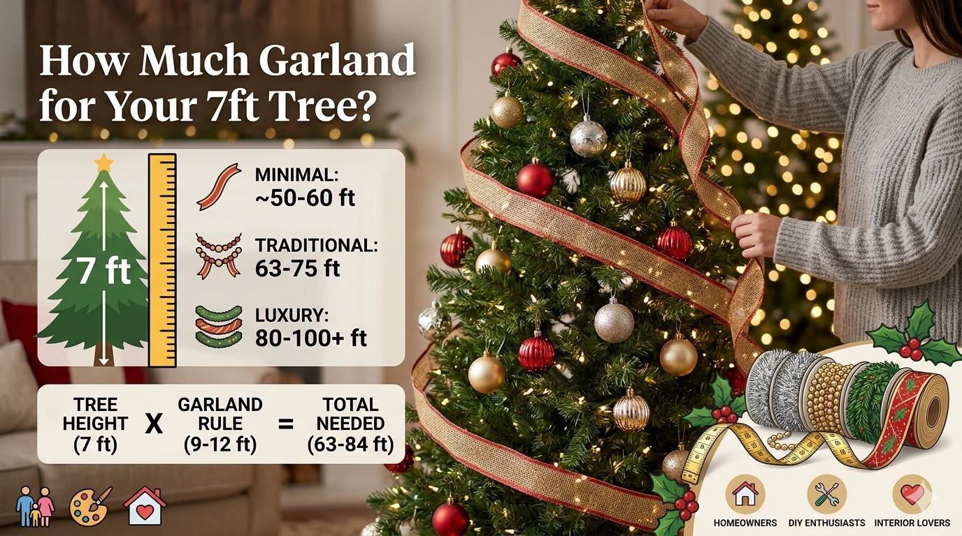 Infographic is showing that How Many Feet of Garland for a 7ft Tree?
