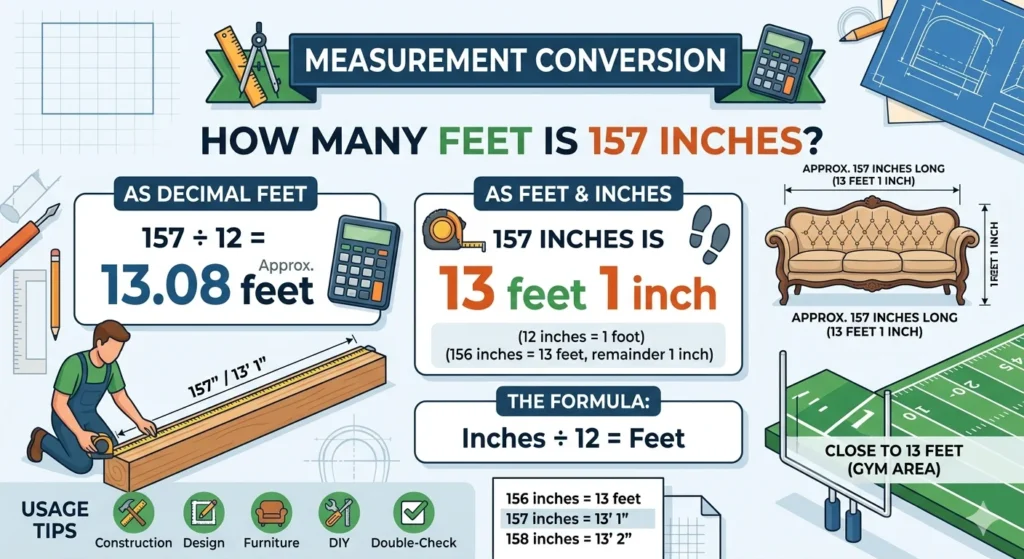Infographic is showing that How Many Feet Is 157 Inches?