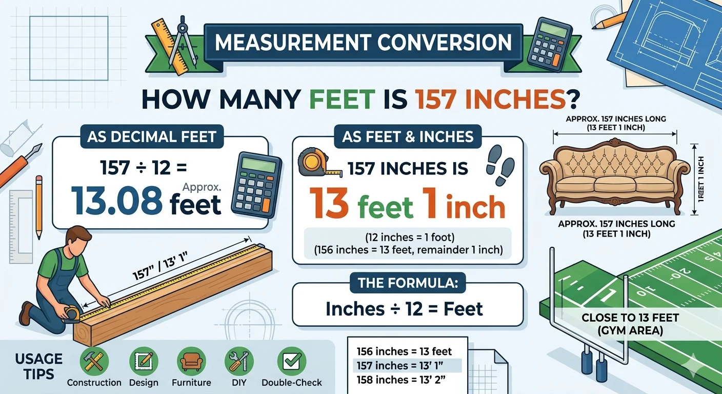 Infographic is showing that How Many Feet Is 157 Inches?
