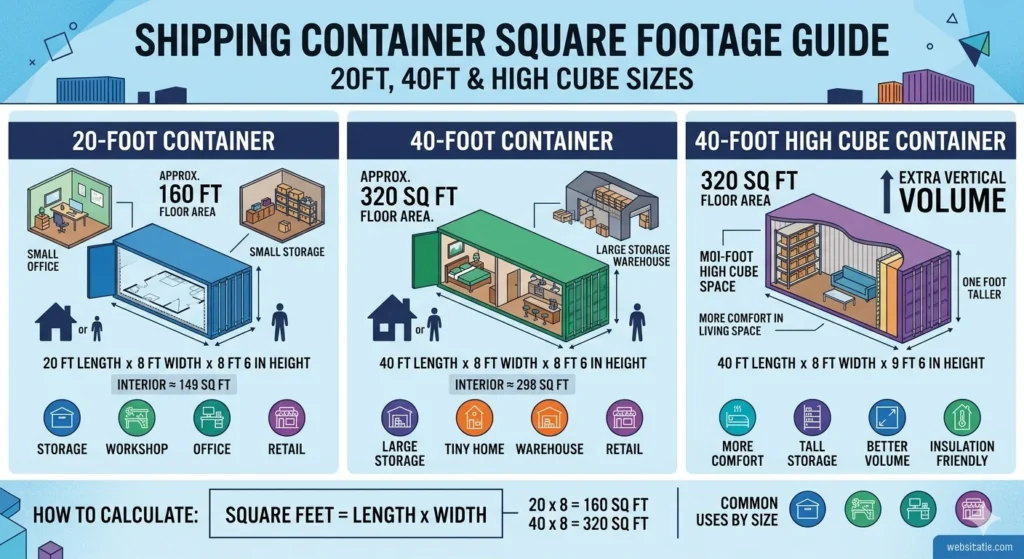 infographic is showing that How Many Square Feet Is a Shipping Container? URL Slug: