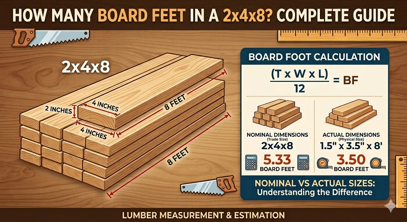 H infographic is showing that ow Many Board Feet in a 2x4x8? Full Calculation Guide