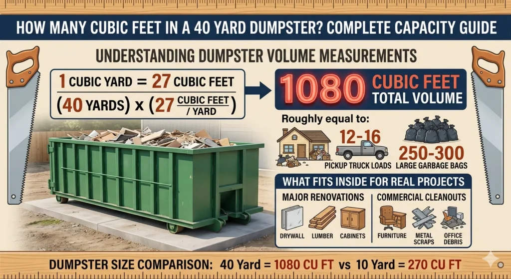 infographic is showing that How Many Cubic Feet in a 40 Yard Dumpster?