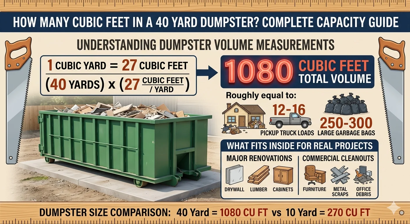 infographic is showing that How Many Cubic Feet in a 40 Yard Dumpster?