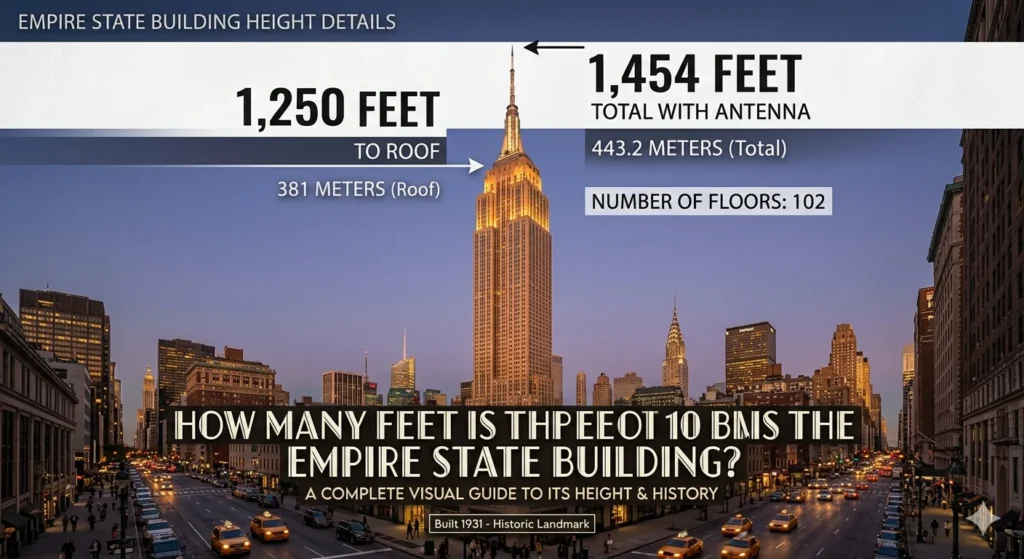 Infographic is showing that How Many Feet Is Empire State Building? Full Height Guide