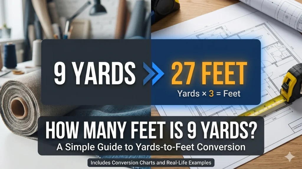Infographic is showing that How Many Feet Is 9 Yards? Easy Conversion Guide