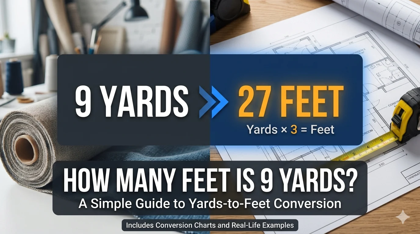 Infographic is showing that How Many Feet Is 9 Yards? Easy Conversion Guide