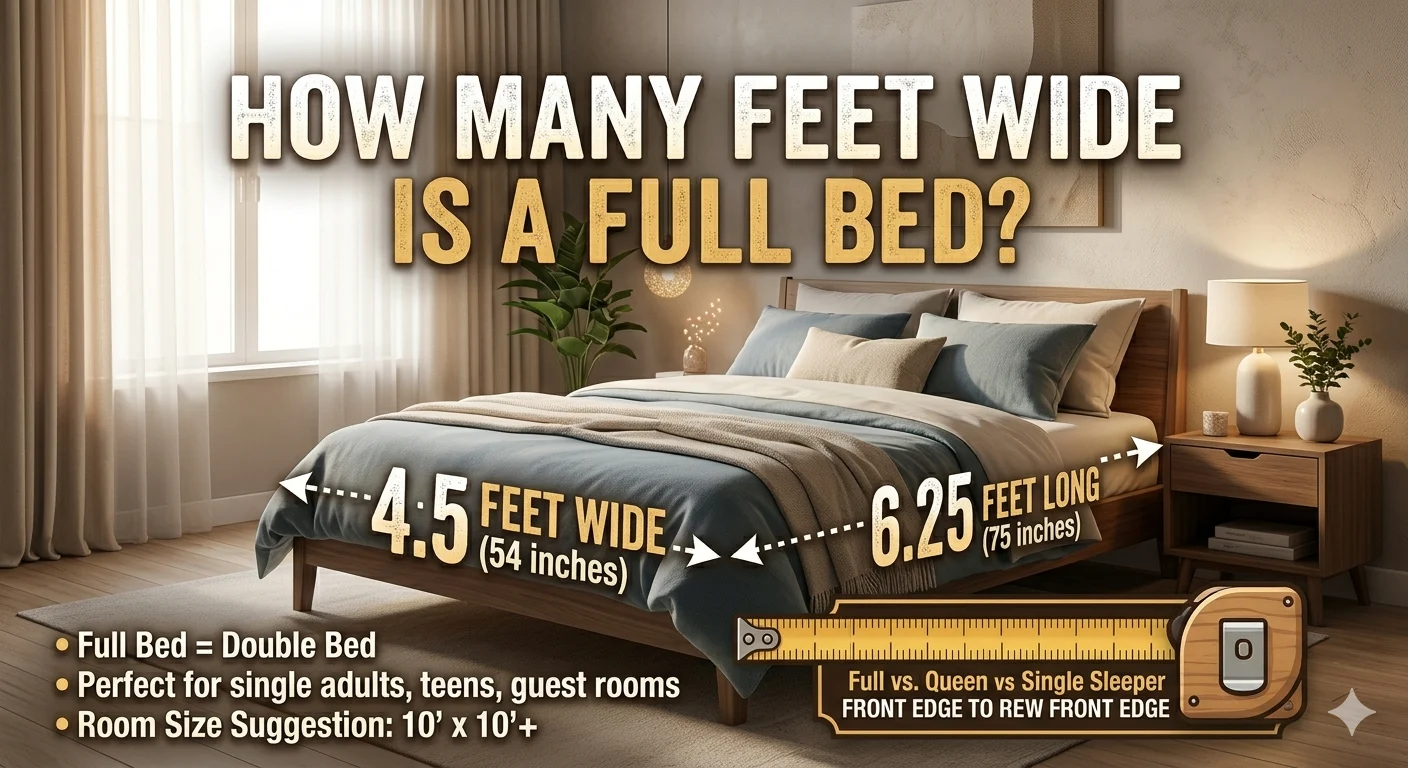Infographic is showing that bHow Many Feet Wide Is a Full Bed? Complete Size Guide