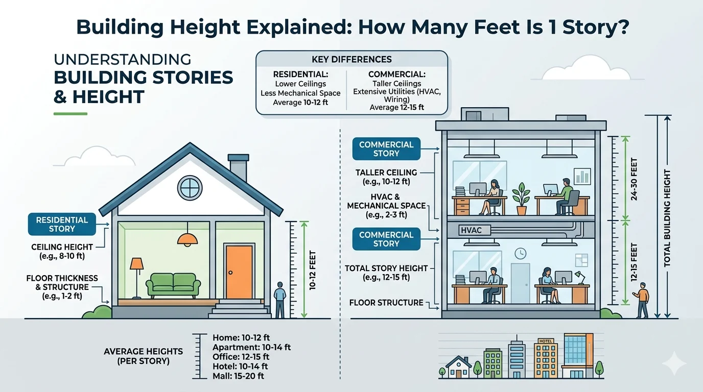 Infographic is showing that How Many Feet Is 1 Story? Building Height Explained