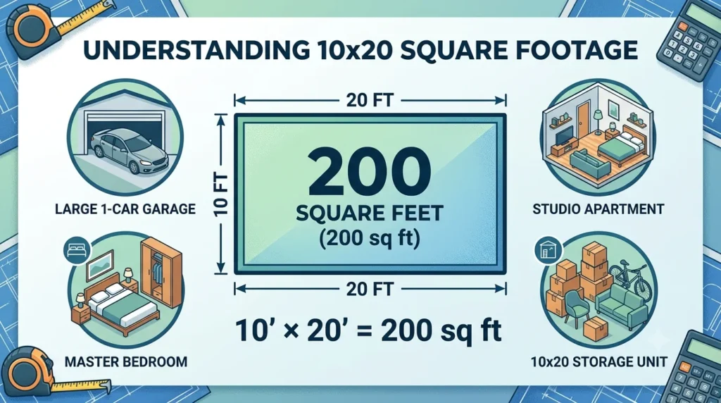Inofgraphic is showing that vHow Many Square Feet Is 10x20? Easy Size Guide