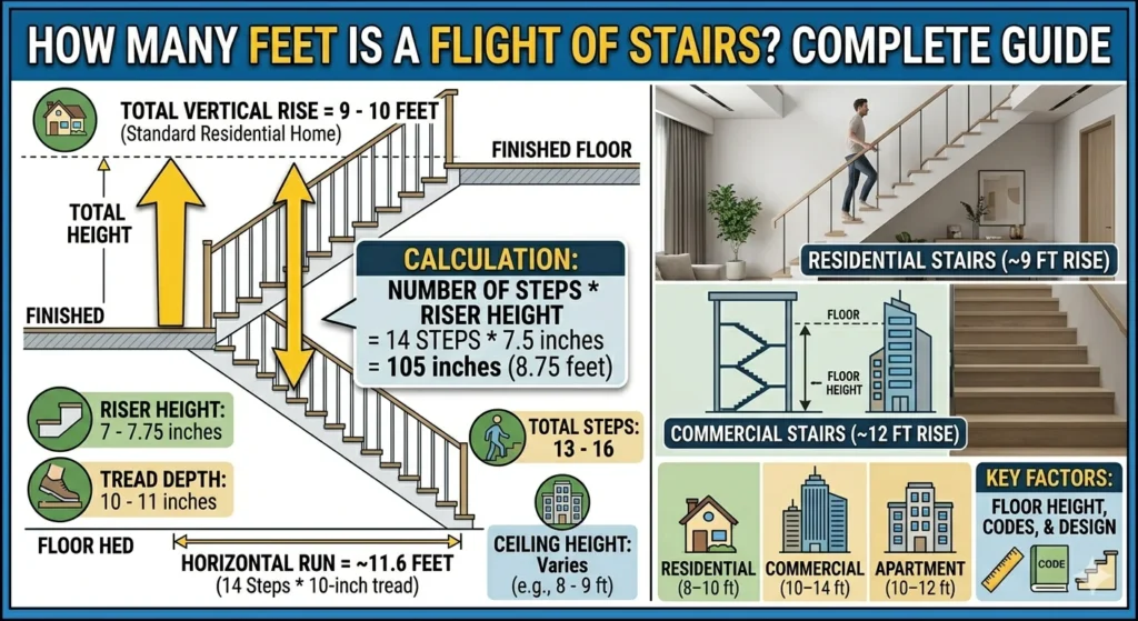 Infographic is showing that How Many Feet Is a Flight of Stairs? Complete Guide
