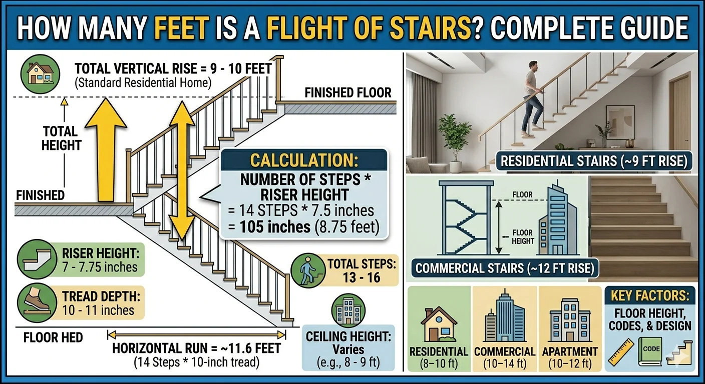 Infographic is showing that How Many Feet Is a Flight of Stairs? Complete Guide