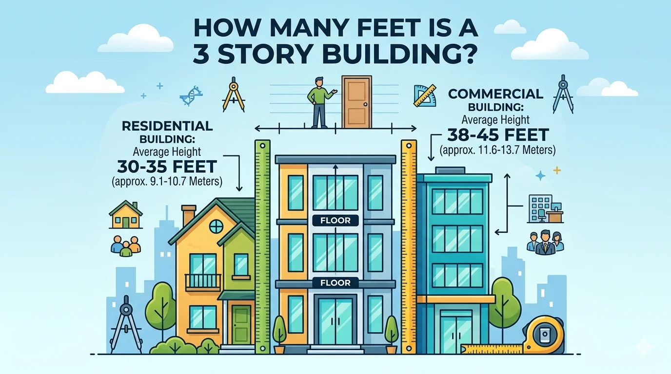 Infographic is showing that How Many Feet Is a 3 Story Building? Average Height Explained