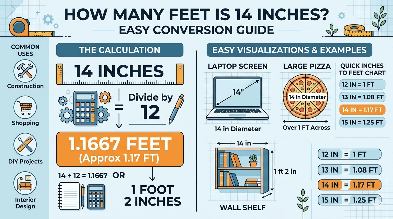 Incographic is showing How Many Feet Is 14 Inches? Easy Conversion Guide