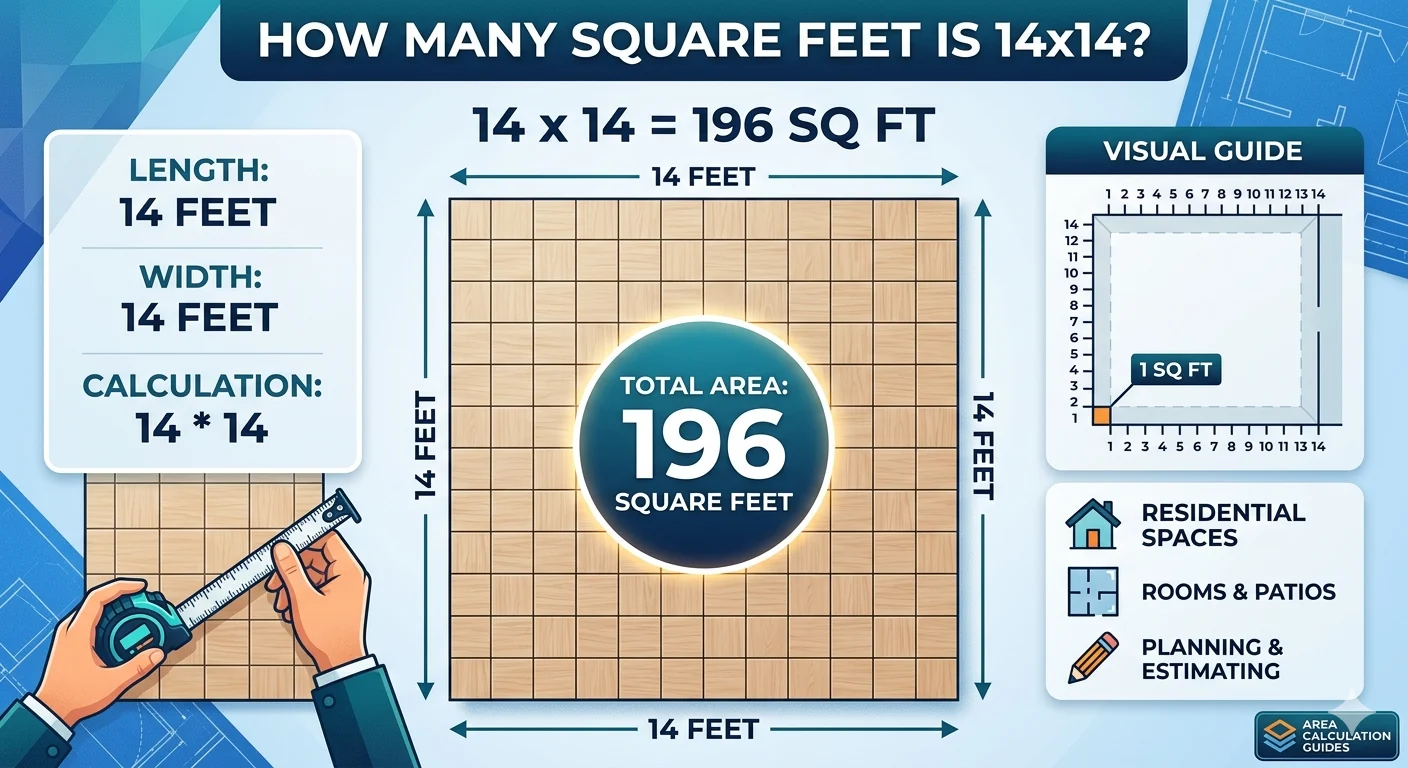 Infographic is showing that How Many Square Feet Is 14x14? Full Calculation Guide