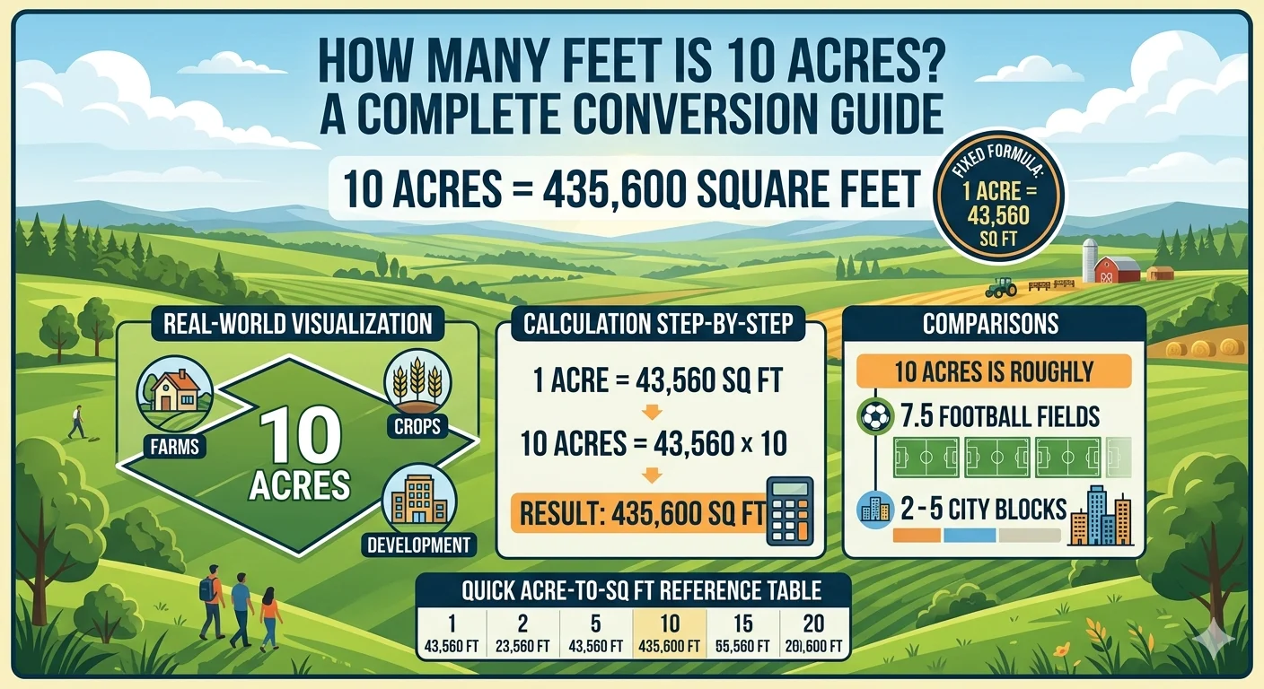 Infographic is showing that How Many Feet Is 10 Acres? (Exact Conversion Guide)