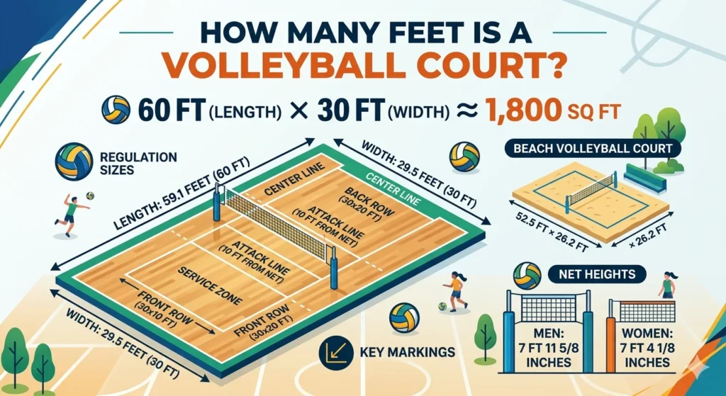 Infographic is showing that How Many Feet Is a Volleyball Court? Full Size Guide