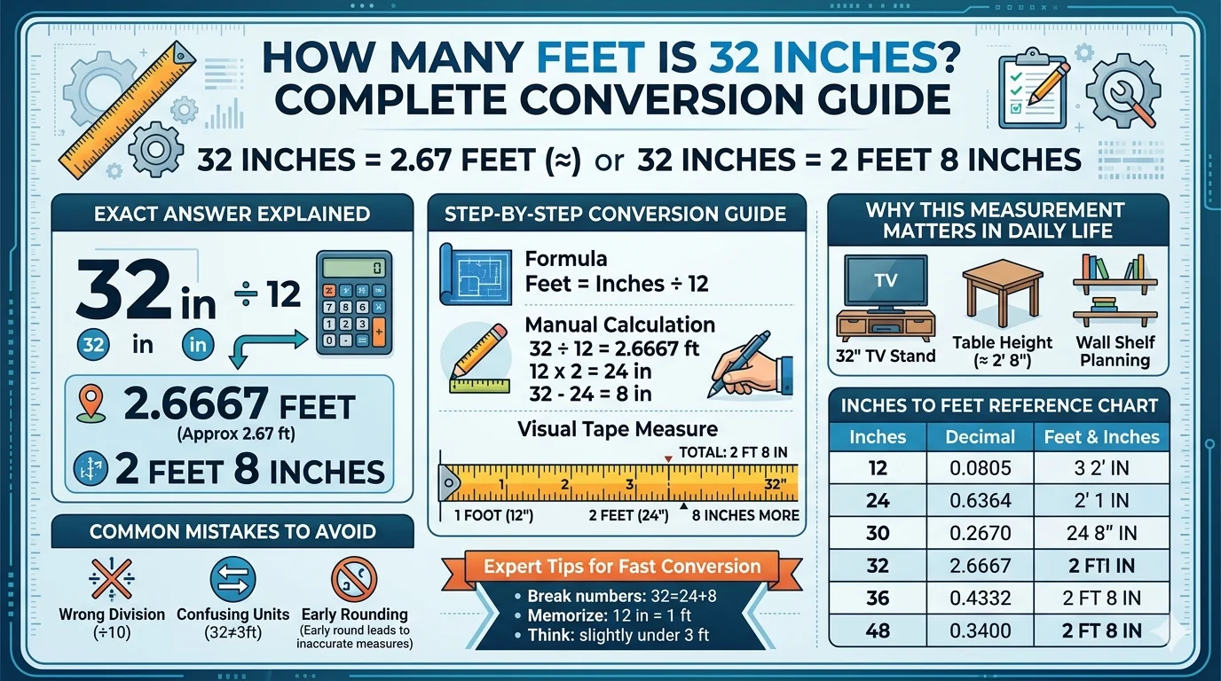 Infographic is showing that How Many Feet is 32 Inches? Quick Conversion Guide