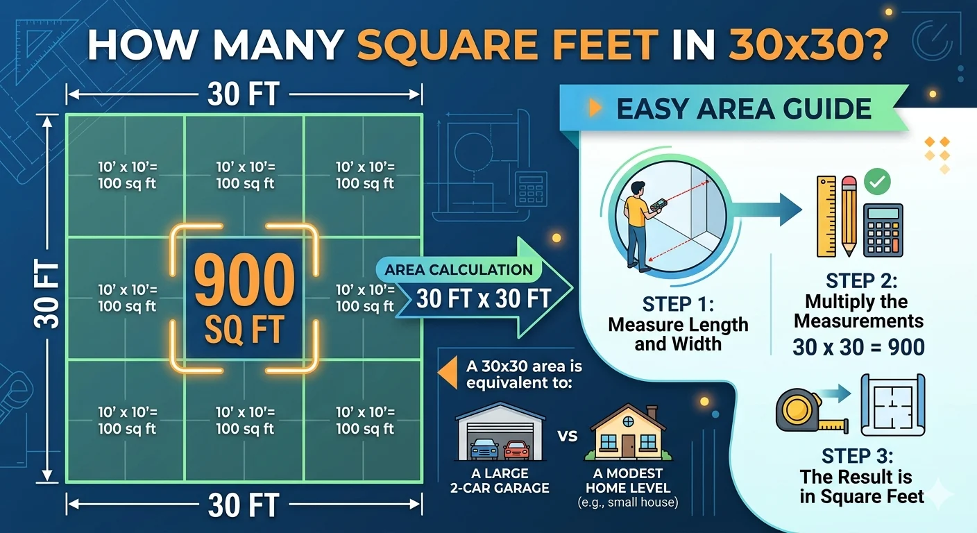 Infographic is showing that How Many Square Feet in 30x30? Easy Area Guid