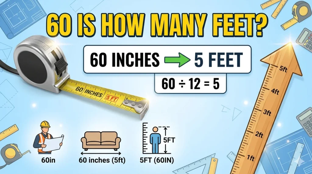 Infographic is showing that 60 Is How Many Feet? Convert 60 Inches to Feet