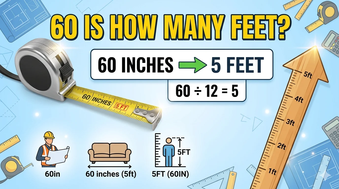 Infographic is showing that 60 Is How Many Feet? Convert 60 Inches to Feet