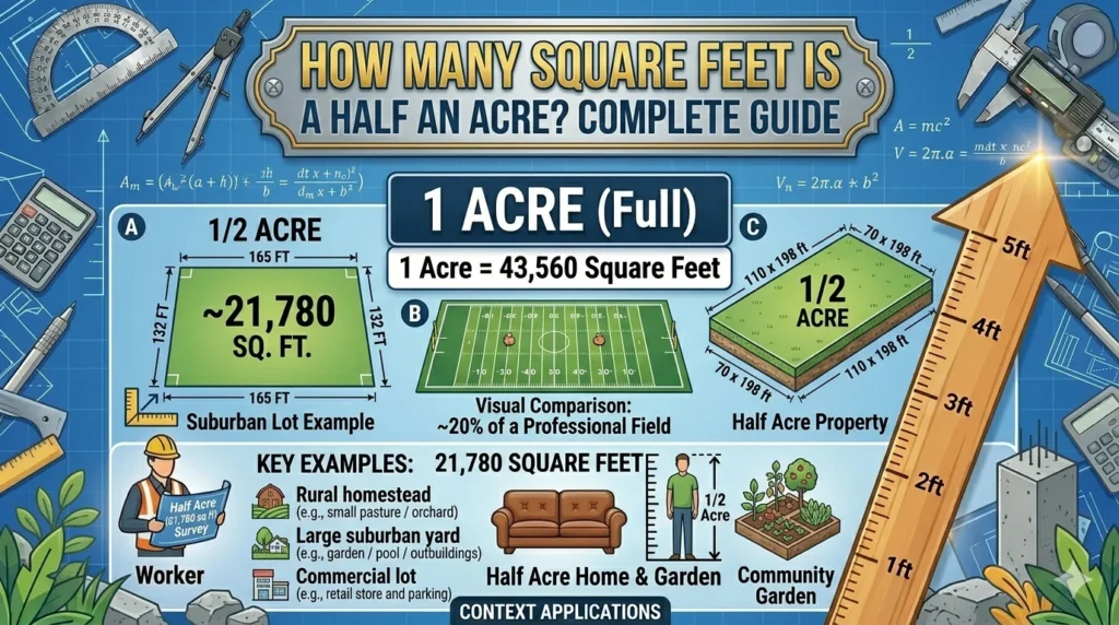 Infographic is showing that How Many Square Feet Is a Half an Acre? Complete Guide