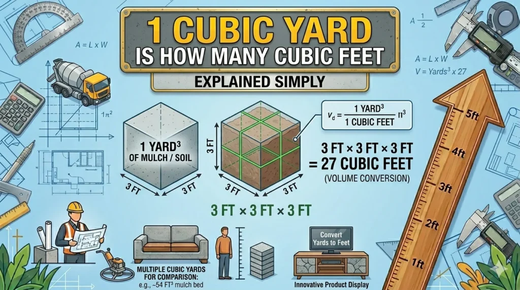 Infographic is showing that 1 Cubic Yard is How Many Cubic Feet Explained Simply