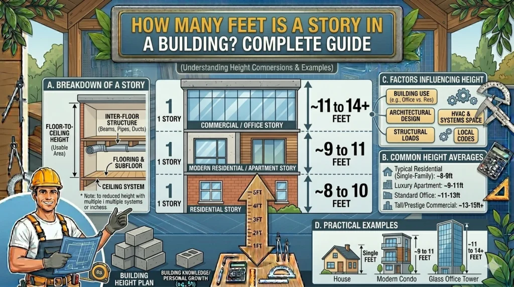 Infographic is showing that How Many Feet Is a Story in a Building? Complete Guide