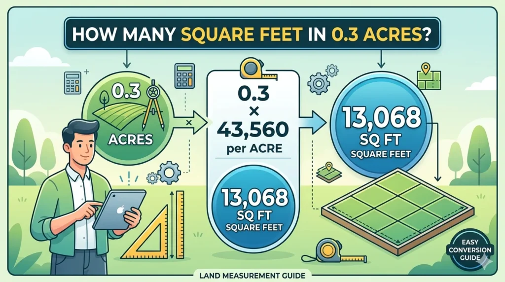 Infographic is showing that How Many Square Feet in .3 Acres? Easy Conversion Guide
