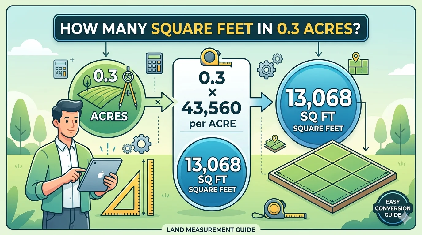 Infographic is showing that How Many Square Feet in .3 Acres? Easy Conversion Guide
