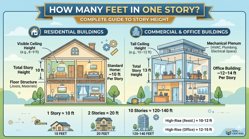 Infographic is showing that How Many Feet in One Story? Height Guide Explained