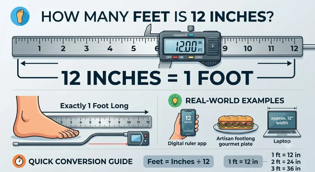 Infographic is showing that How Many Feet Is 12 Inches? Simple Conversion Guide