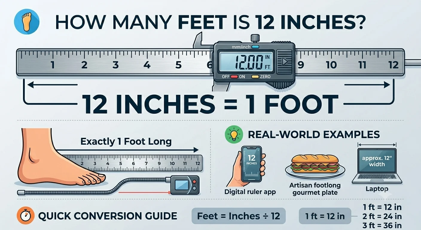 Infographic is showing that How Many Feet Is 12 Inches? Simple Conversion Guide