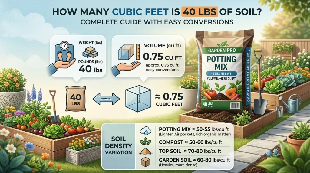 Infographic is showing that How Many Cubic Feet Is 40 lbs of Soil? Easy Guide