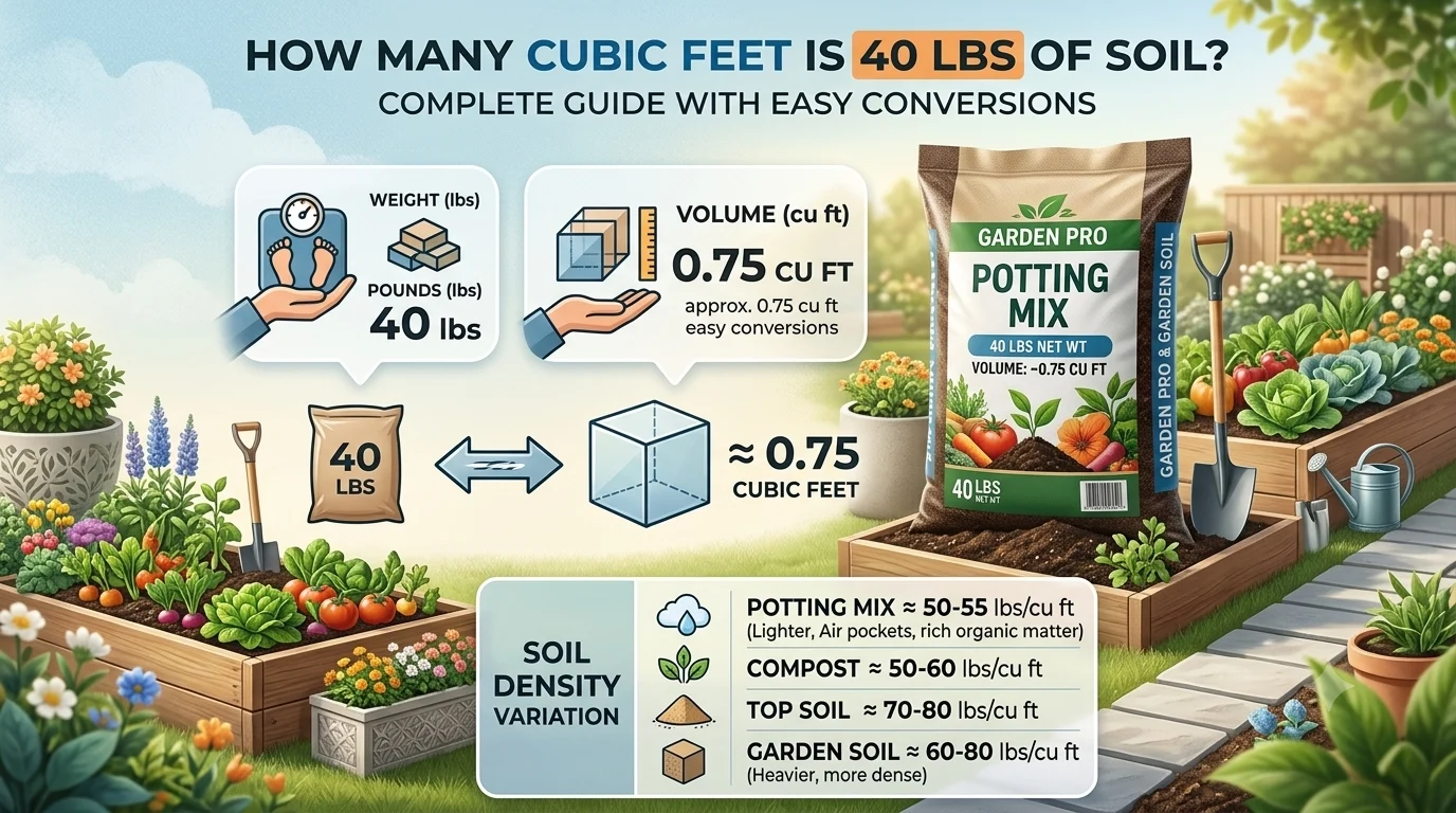 Infographic is showing that How Many Cubic Feet Is 40 lbs of Soil? Easy Guide