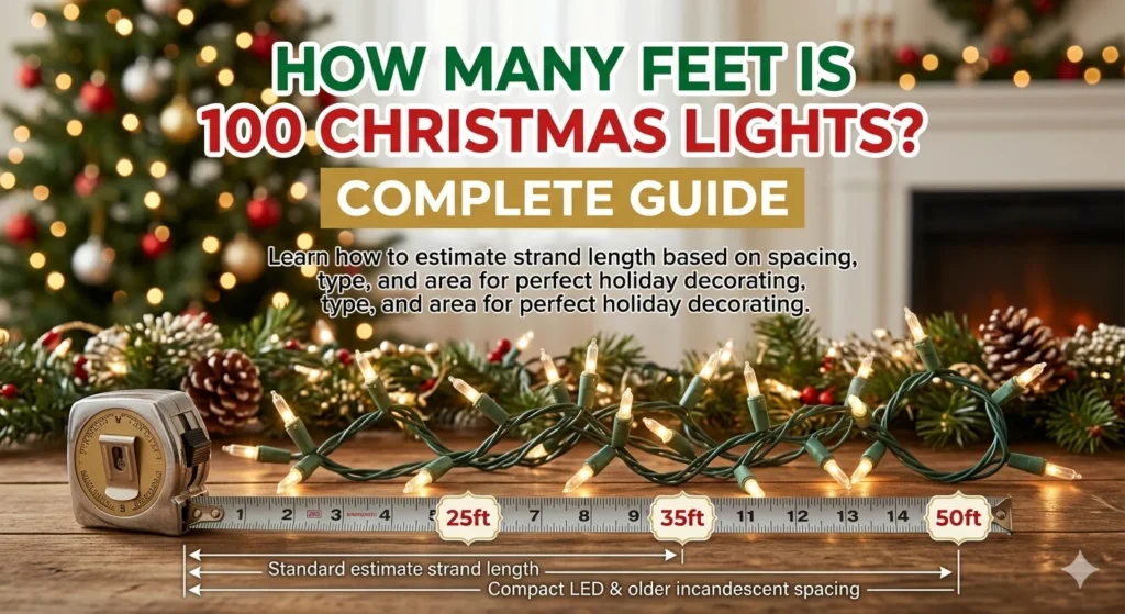 Infographic is showing that How Many Feet is 100 Christmas Lights? Complete Guide