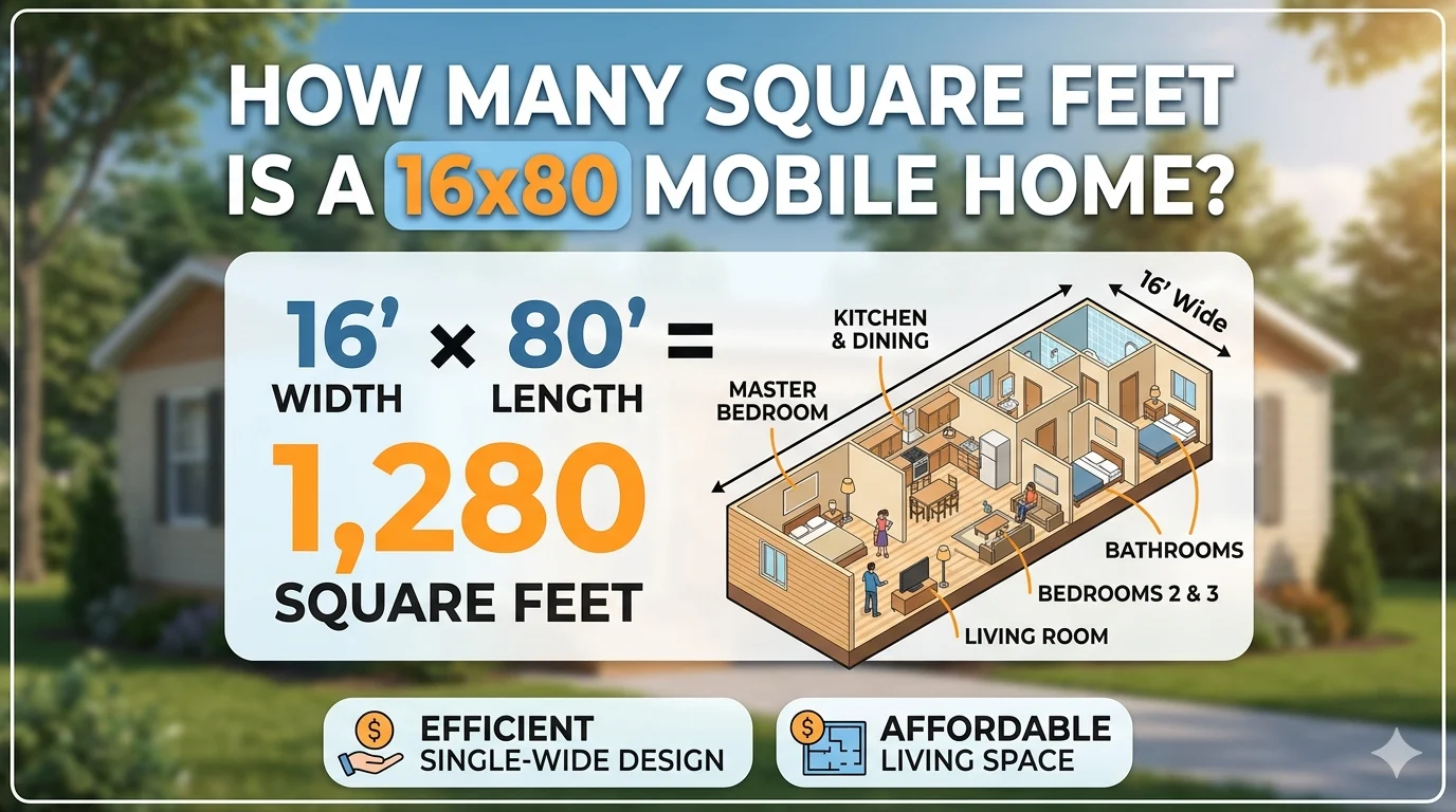Infographic is showing that 16x80 Mobile Home Square Feet Explained (Full Guide)