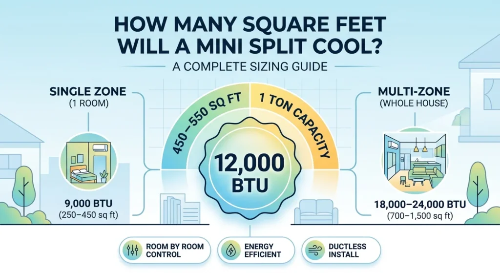 Infographic is showing that How Many Square Feet Will a Mini Split Cool