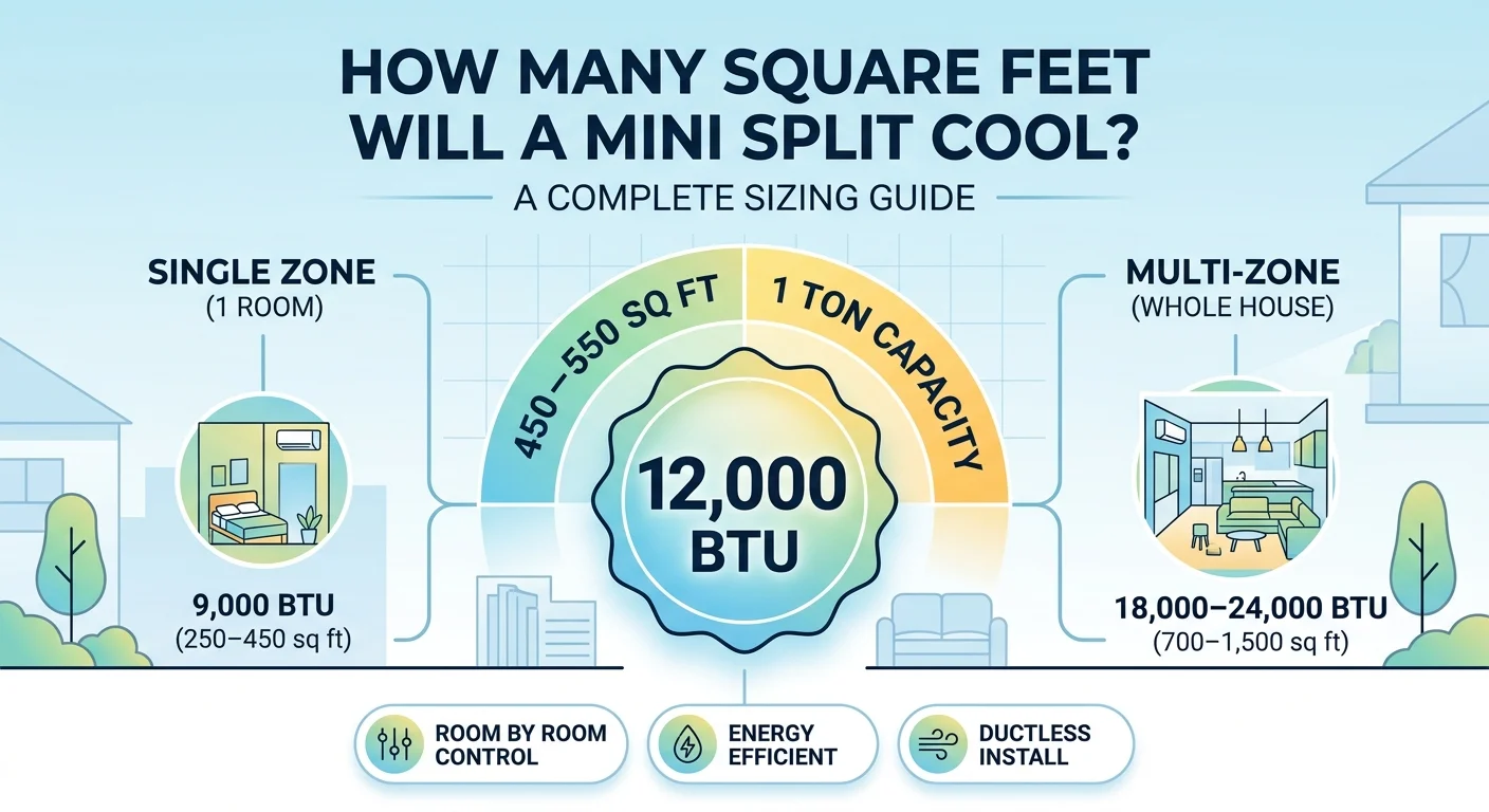 Infographic is showing that How Many Square Feet Will a Mini Split Cool